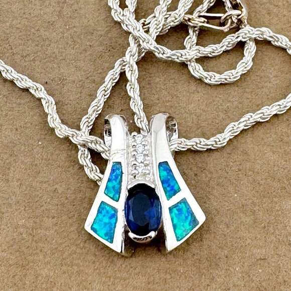 For My Love Sterling Silver Sapphire Opal Pendant 925 Silver Rope Necklace - Picture 2 of 5